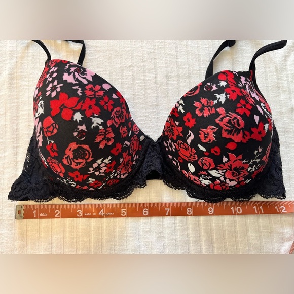 Victoria Secret PINK Bra 36C Black Red Floral Lace Pushup Lined Underwire - Picture 6 of 6